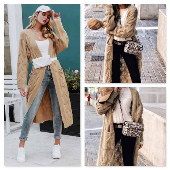 Open Cable Knit Cardigan, Long w/Pockets, Khaki - Picture 4 of 9